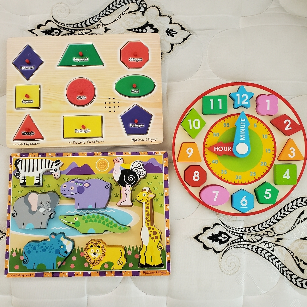 Set of 3 Melissa and Doug Puzzles Animals-Shapes-Clock
